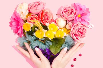Ein Paar Hände halten einen leuchtenden Blumenstrauß vor einem rosa Hintergrund zum Valentinstag.